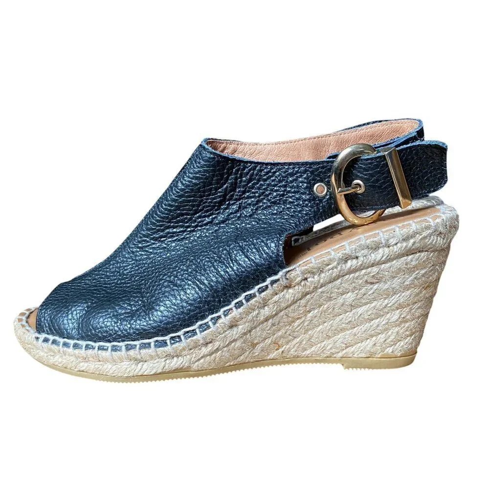 Maypol - Black Leather Peep Toe Slingback Ankle Espadrille Sandal - Size 40